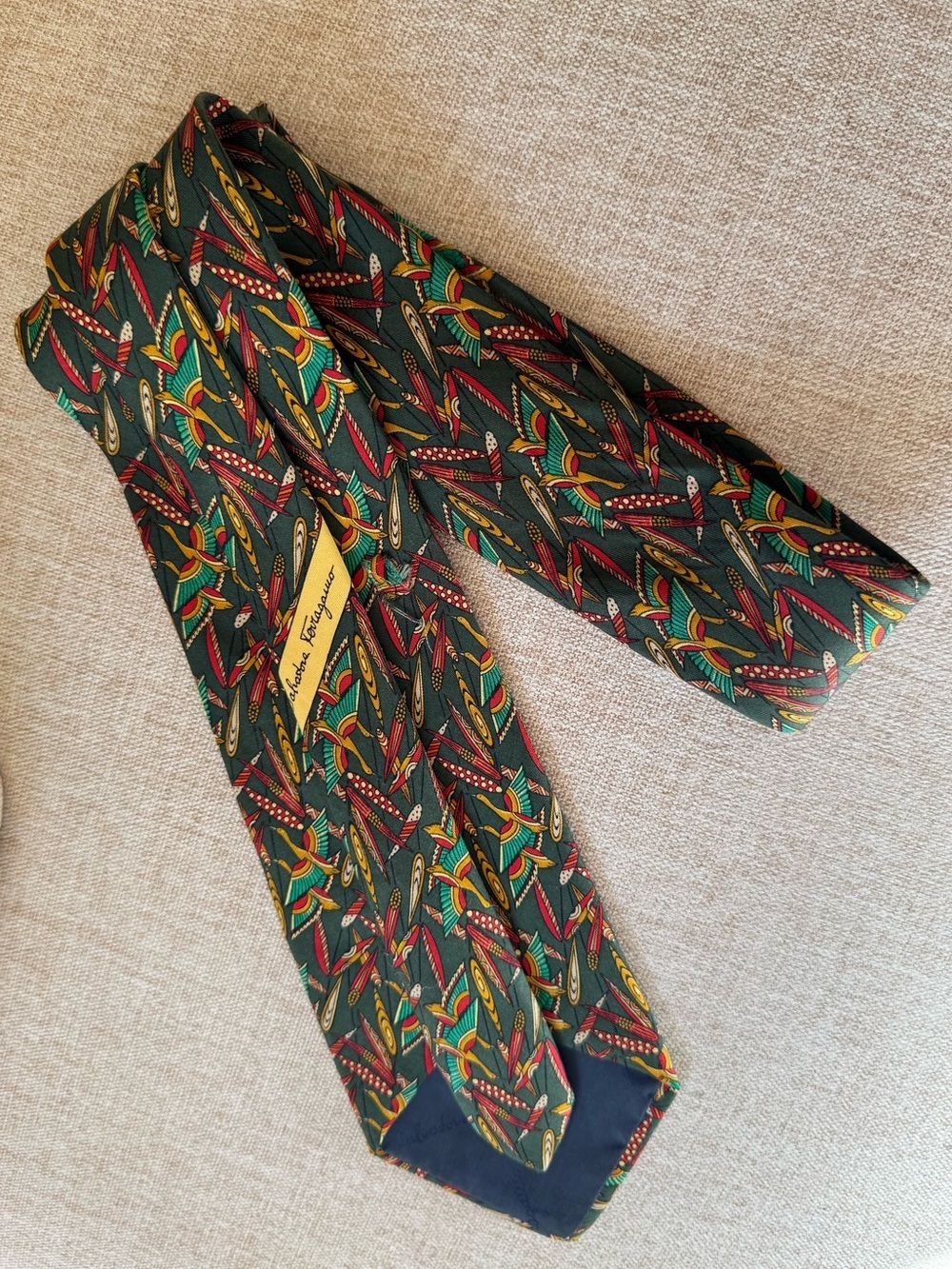 Salvatore Ferragamo Silk Tie Green Crane Bird Print Vintage